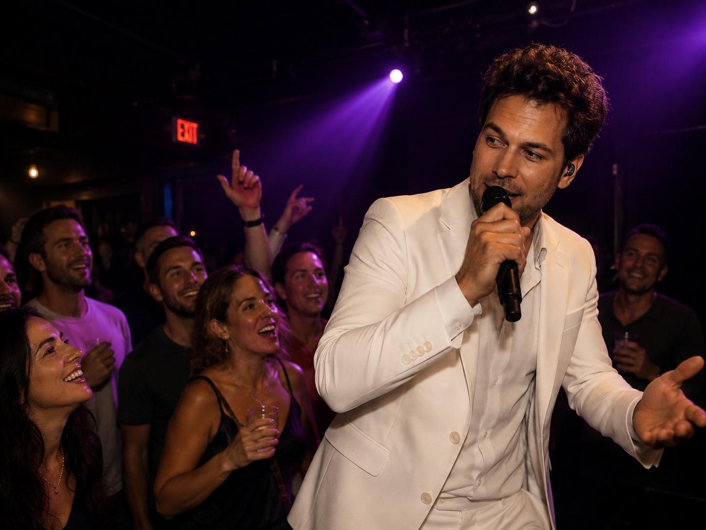 Chris Riven zingt in een wit pak tussen feestgasten